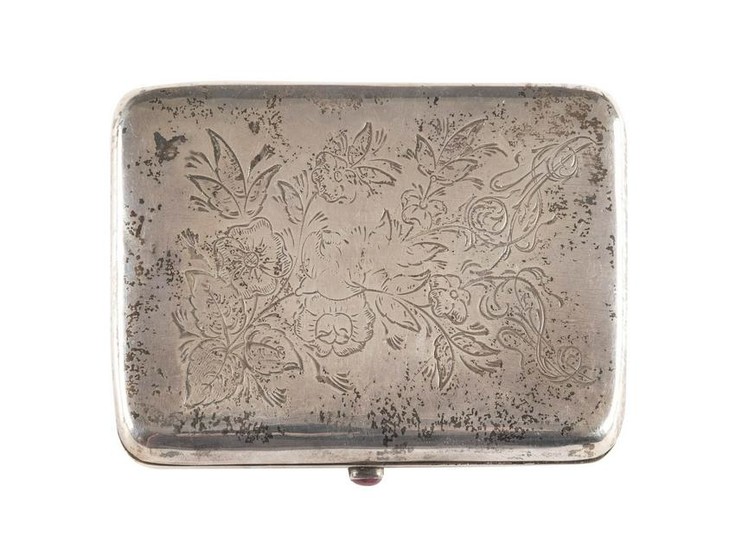 A SILVER CIGARETTE CASE WITH A SPRAY OF FLOWERS