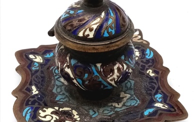 A VERY EARLY TIBETAN BRONZE AND ENAMEL INK WELL...