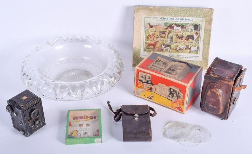 A VINTAGE GLASS BOWL together with assorted cameras