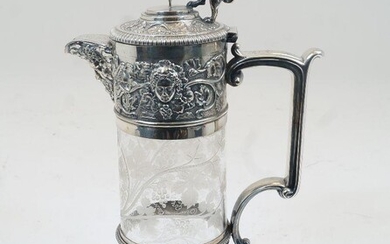 A Victorian etched glass claret jug, with silver plated mounts and lion and shield finial, 28.5cm high