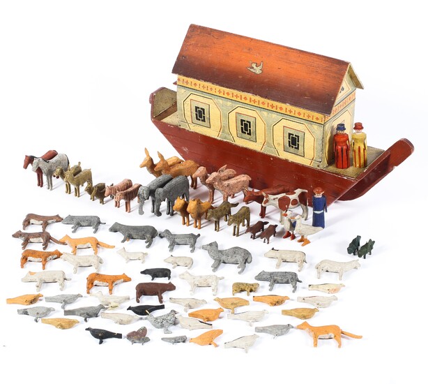 A Vintage painted pine Noah's Ark toy and animals, early 20th century