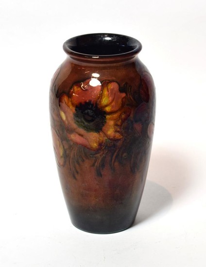 A Walter Moorcroft flambé Anemone design vase, impressed factory marks...