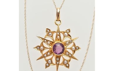 A YELLOW METAL AMETHYST AND SPLIT PEARL PENDANT NECKLACE, st...