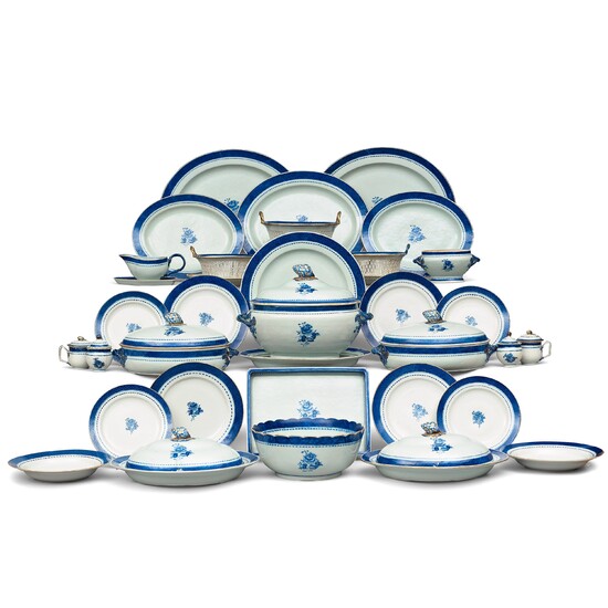 A blue and white dinner service, Qing dynasty, circa 1800. (90 pieces)