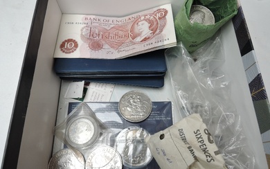 A collection of GB Coins and Banknotes, Churchill Crowns, Pennies, First Decimal Coin Sets x5, Ten