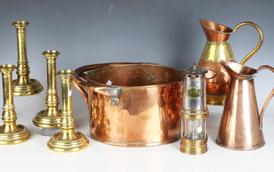 A collection of copper and brassware, including a copper pan, diameter 29cm, a Patterson miner'
