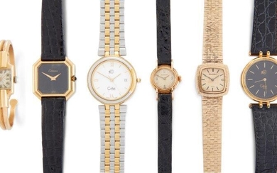 A collection of six lady's wrist watches, comprising: a 9ct gold bracelet watch by Beuche Girod, the textured dial with applied baton markers, signed Beuche Girod, 17 jewel lever movement, within matching textured bezel to a textured link tapering...