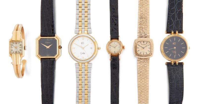 A collection of six lady's wrist watches, comprising: a 9ct gold bracelet watch by Beuche Girod, the textured dial with applied baton markers, signed Beuche Girod, 17 jewel lever movement, within matching textured bezel to a textured link tapering...