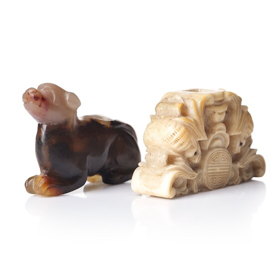 A culptured object and a nephrite figure of a dog, Qing dynasty, 19th Century.