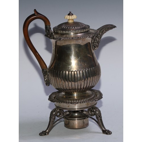 A fine George IV silver hot water jug, burner and stand, dem...