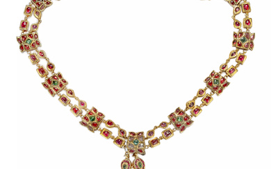 A gem set gold necklace with square plaques, South India,...