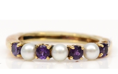 A gold amethyst and cultured pearl dress ring, marks rubbed,...