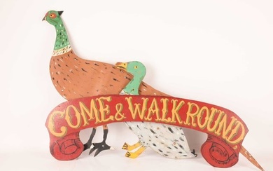 A group of 20th-century Folk art hand-painted carnival decorations comprising a large pheasant, a ma