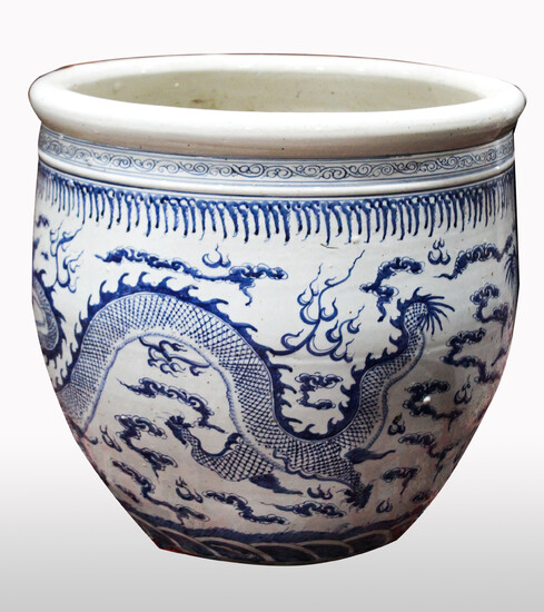 A large Chinese blue and white fish bowl