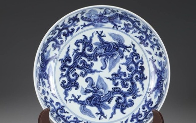 A large plate with blue and white dragon pattern