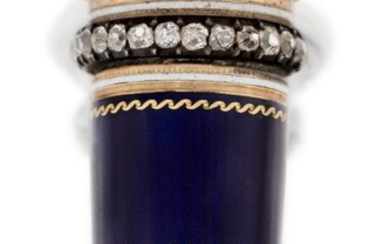 A late 19th century gold, diamond and enamel parasol handle, the barrel decorated with dark blue guilloche enamel with white enamel detail, two old brilliant-cut diamond bands, the top with enamelled initial C, c.1880, approx. length 4.3cm
