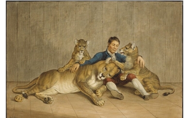 A man sitting with a lioness and her two cubs, Albrecht Adam