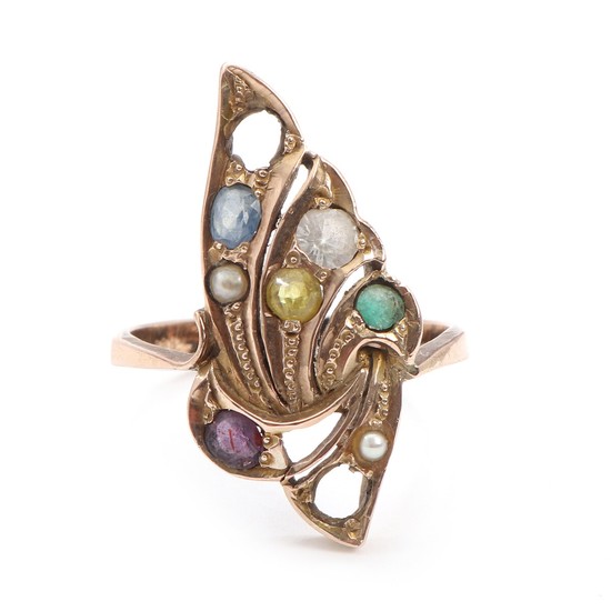 A multi-gemstone ring set with faceted emerald, topaz, sapphire, pearls etc., mounted in 8k gold. Size 62. Weight app. 4 g.