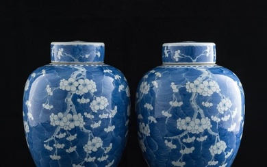 A pair of Chinese blue and white plum blossom lidded jars, 19th century
