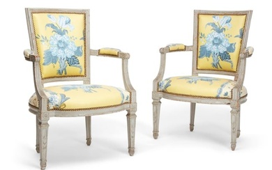 A pair of Louis XVI grey painted fauteuils
