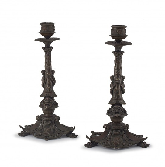 A pair of bronze candlesticks, Pierre-Emile Jeannest (1813-1857) for Elkington, Mason & Co, Birmingham, 19th century
