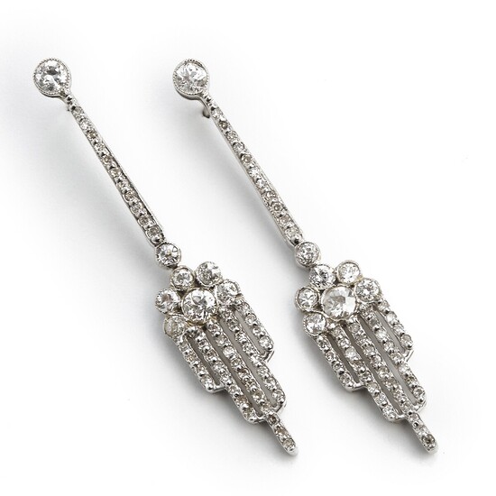 A pair of diamond ear pendants each set with numerous old and single-cut diamonds, mounted in 14k white gold. H-J/VS-P1. L. app. 4.6 cm. (2)