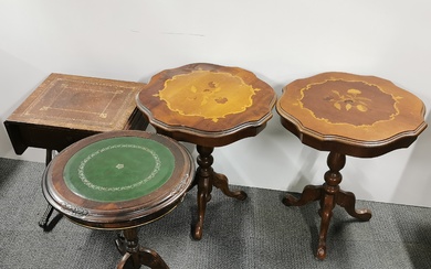 A pair of inlaid mahogany side tables, H. 61cm Dia. 54cm together with two further leather topped single drawer side tables.