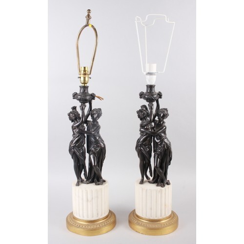 A pair of late 19th century bronze gilt brass and marble tab...