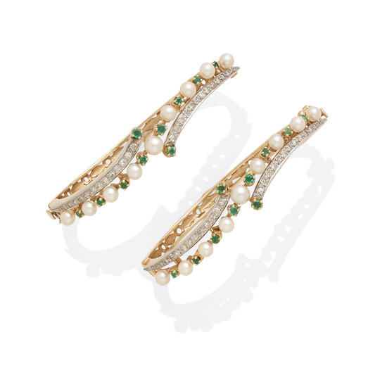 A pair of pearl, diamond and emerald bangles