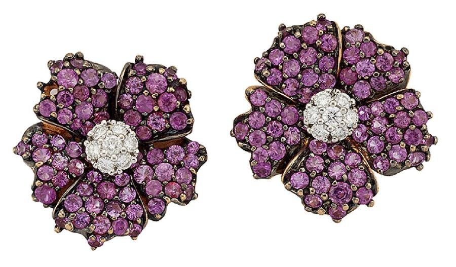 A pair of pink sapphire and diamond flowerhead...