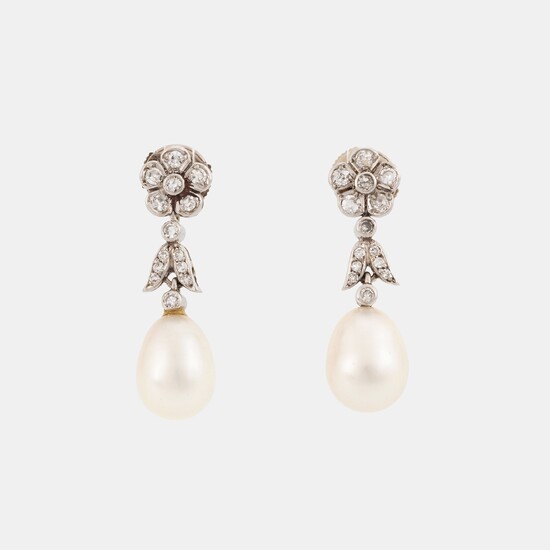 A pair of platinum and pearl earrings set with eight-cut diamonds