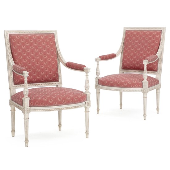 NOT SOLD. A pair of white painted Louis XVI style armchairs. 20th century. (2) –...
