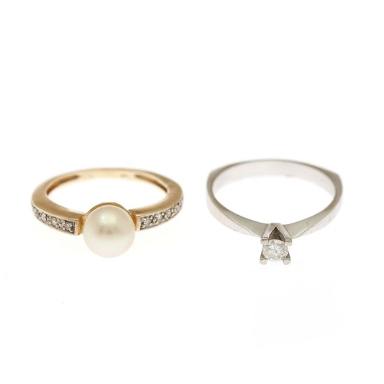 A pearl and diamond ring and a diamond solitaire ring, each mounted in 14k gold and white gold. (2)