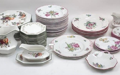 A quantity of Copeland Spode 'Marlborough' pattern porcelain dinner wares, 20th century, each decorated with floral sprays and pink rims, comprising: six dinner plates, 25cm diameter, two octagonal plates, 25.5cm diameter, eighteen medium plates...