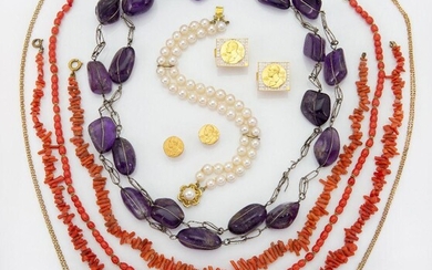 A quantity of costume jewellery and other items, including: an amethyst bead long chain, composed of a series of amethyst pebbles to twisted wire work links, length 100cm, a double-row cultured pearl bracelet, two citrine single stone rings, a...