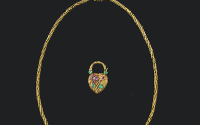 A ruby, emerald, pearl and diamond locket pendant necklace, circa 1830, designed as a heart-shaped