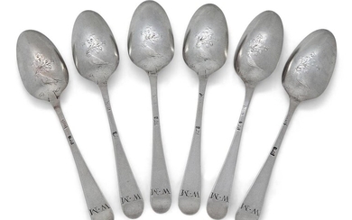A set of six George III silver 'Dove & Olive Branch' picture-back teaspoons, London, 1769-1772, Thomas & Evans & George Smith, Hanoverian pattern, the reverse of terminals engraved with the initials W.M, 11.3cm long, total weight approx. 2.1oz (6)...