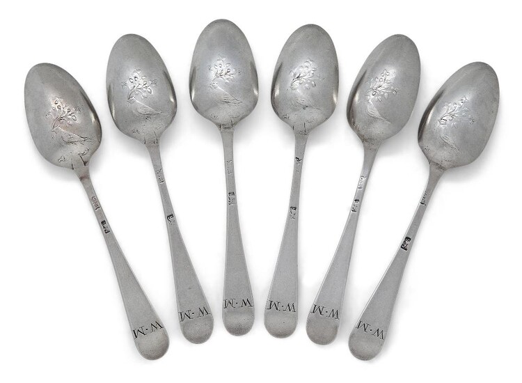 A set of six George III silver 'Dove & Olive Branch' picture-back teaspoons, London, 1769-1772, Thomas & Evans & George Smith, Hanoverian pattern, the reverse of terminals engraved with the initials W.M, 11.3cm long, total weight approx. 2.1oz (6)...
