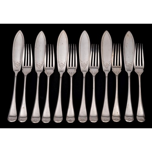 A set of six George V silver fish knives and six forks, make...