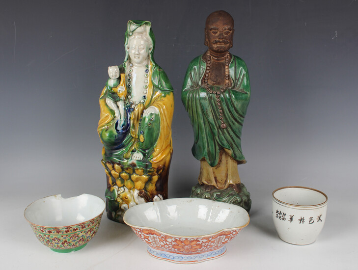 A small group of Chinese porcelain, 19th century and later, comprising a famille verte figure of Gua