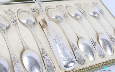 A suite of twelve teaspoons and a silver sugar tongs, the handle decorated with a net decorated with mistletoe leaves, figures. In its box