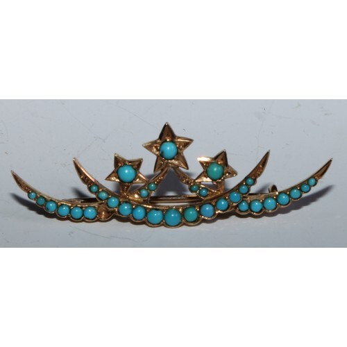 A turquoise inset triple crescent and star brooch, inset wit...