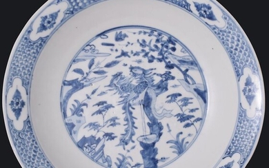 A very large Chinese blue and white dish decorated with a couple of peacocks for the Asian market - Porcelain - China - Ming Dynasty (1368-1644)