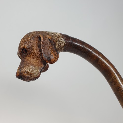 A walking stick, with a carved and painted dogs head handle,...