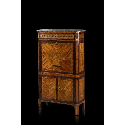 A wooden inlaid secretaire with fall front door hiding drawers. Decorated with bronze mounts. Marble top. France, 18th century (cm...
