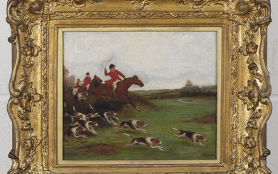A.B. Ould, Provincial School - Hunting Scene with Huntsmen following Hounds on the Scent, oil on pan