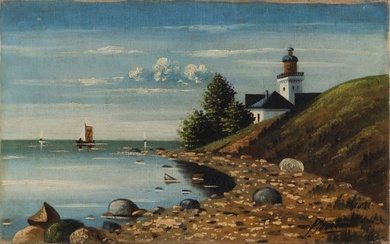 AMERICAN SCHOOL (Early 20th Century,), Rocky coastline with lighthouse and distant ships., Oil on