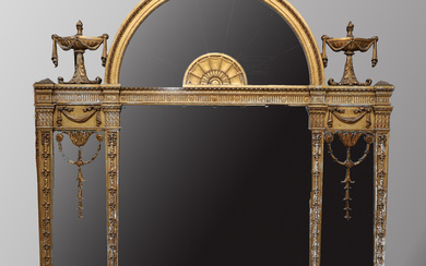 AN ADAM STYLE GILTWOOD AND GESSO FRAME OVERMANTEL MIRROR, 19TH CENTURY AND LATER.