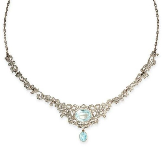 AN ANTIQUE AQUAMARINE AND DIAMOND NECKLACE in yellow