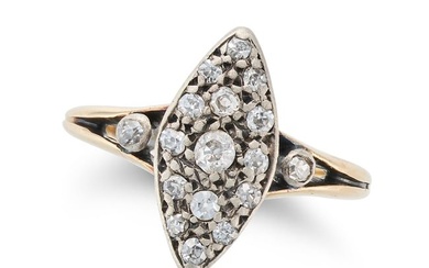 AN ANTIQUE DIAMOND NAVETTE RING in 18ct yellow gold, the navette face set with old and single cut